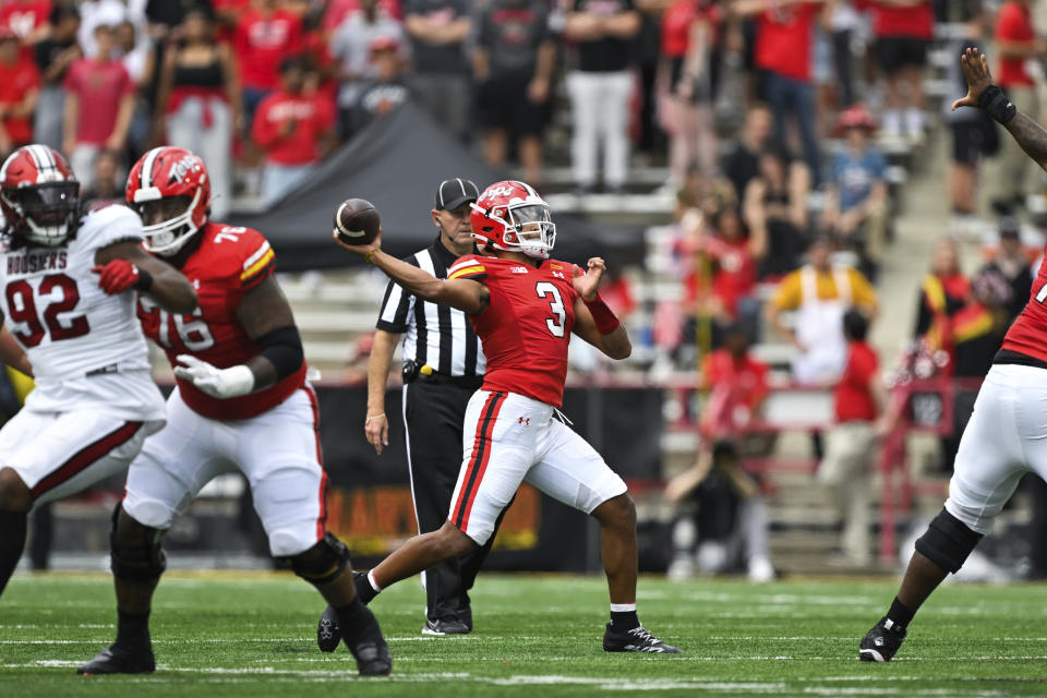 Maryland quarterback Taulia Tagovailoa (3) looks to throw the ball during the first half of an NCAA college football game against Indiana, Saturday, Sept. 30, 2023, in College Park, Md. (AP Photo/Terrance Williams)