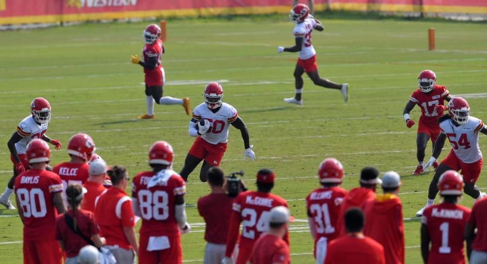 Kansas City Chiefs linebacker Willie Gay returns an interception off quarterback Patrick Mahomes, during drills Monday morning at training camp in St. Joseph.