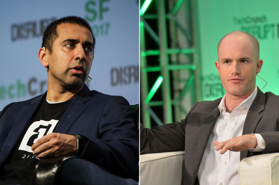 Earn.com CEO Balaji Srinivasan (L) at TechCrunch Disrupt in 2017, Coinbase CEO Brian Armstrong at TechCrunch Disrupt in 2014. Srinivasan becomes Coinbase CTO.