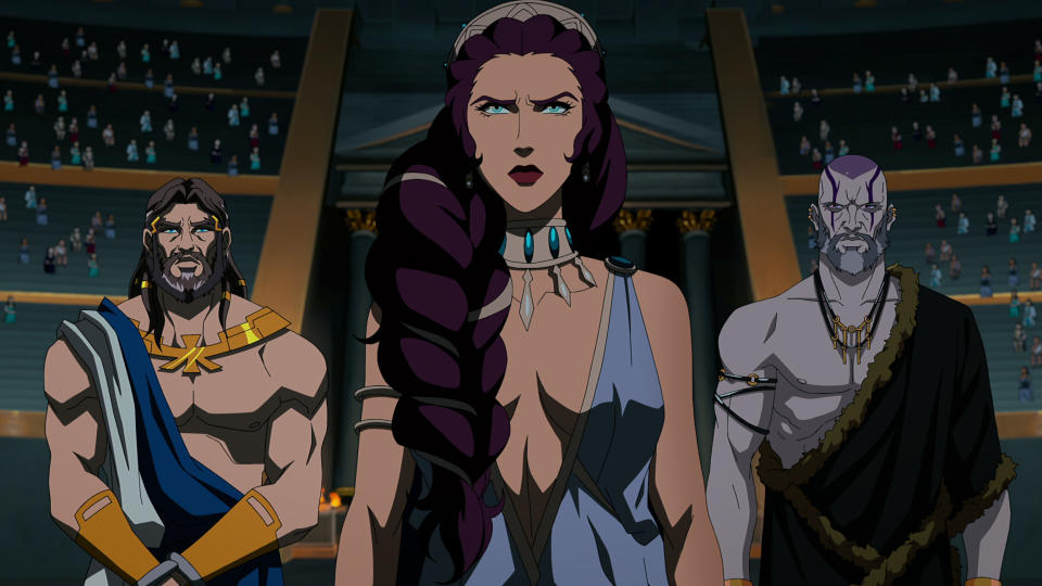 Blood of Zeus (L to R) Jason O’Mara as Zeus, Claudia Christian as Hera and Fred Tatasciore as Hades in Blood of Zeus. Cr. COURTESY OF NETFLIX © 2024