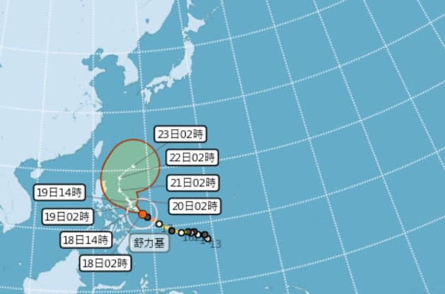 舒力基今天清晨２時中心位於鵝鑾鼻東南方的海面上，未來仍將朝呂宋島東方近海前進。（圖／翻攝自氣象局）