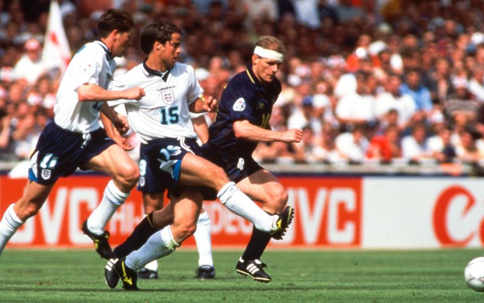 Jamie Redknapp playing for England against Scotland at Euro 96
