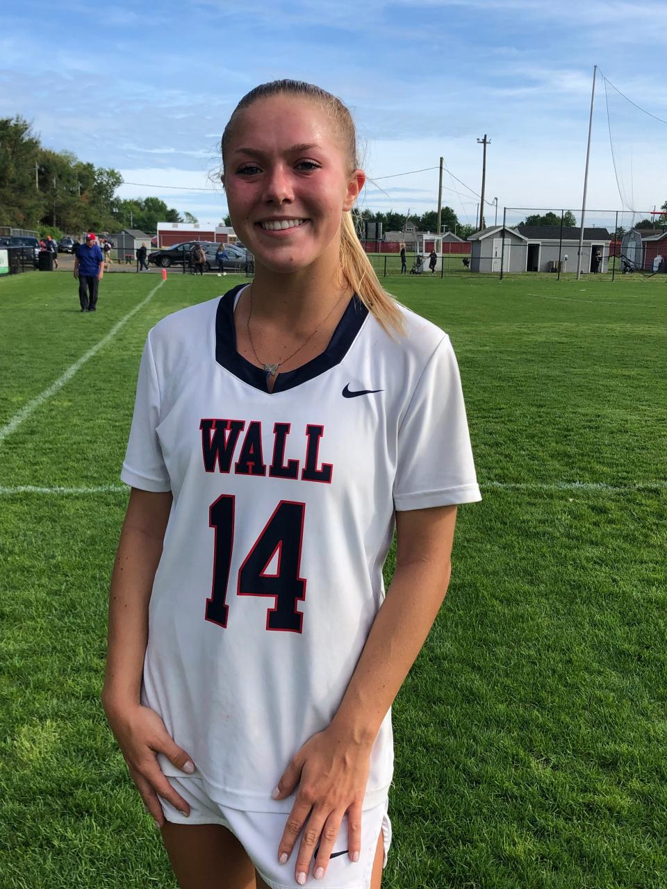 Wall senior Rory Paris talks with the Asbury Park Press following her team's 13-8 win over Barnegat in an NJSIAA South Group 2 Quarterfinal Round Game on May 24, 2022.