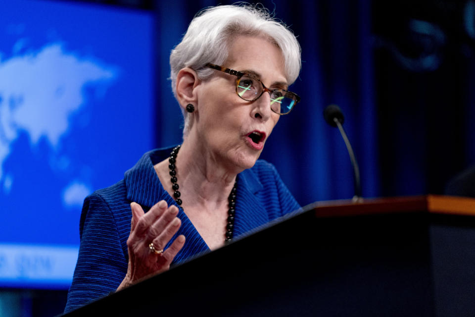 FILE - Deputy Secretary of State Wendy Sherman speaks on the situation in Afghanistan at the State Department in Washington, Wednesday, Aug. 18, 2021. The Biden administration's number two diplomat is retiring after decades of U.S. government service. Deputy Secretary of State Wendy Sherman will step down from the post this summer having been involved in some of the most consequential, and controversial, foreign policy decisions during Democratic administrations since Bill Clinton was president. (AP Photo/Andrew Harnik, Pool, File)