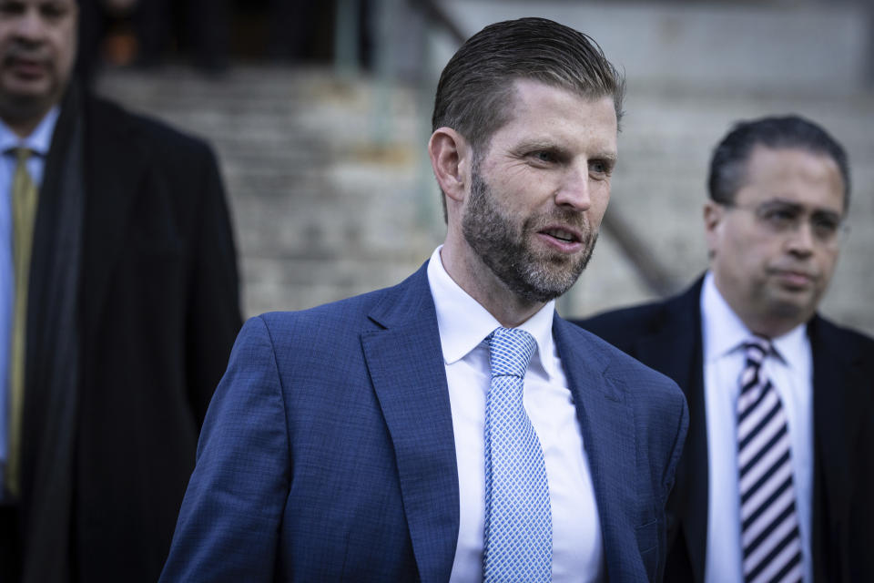 Eric Trump leaves the New York Supreme Court, Thursday, Nov. 2, 2023, in New York. (AP Photo/Stefan Jeremiah)