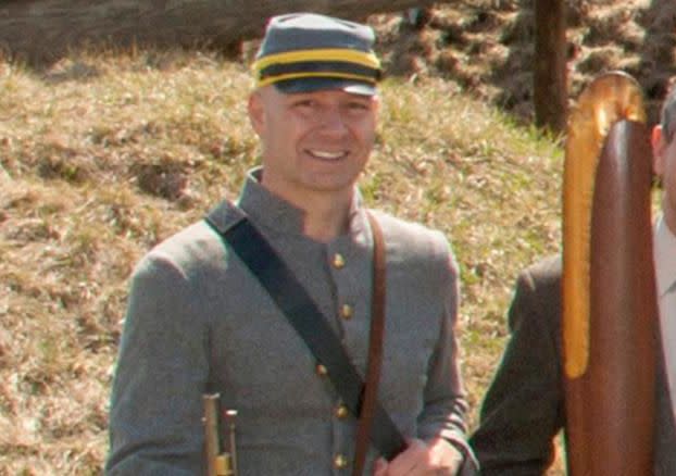 Retired Army colonel Doug Mastriano, a Republican state senator from Pennsylvania who is running for governor, poses in a Confederate uniform in a 2013-14 faculty photo at the U.S. Army Heritage and Education Center in Carlisle, Pennsylvania, April 9, 2014.