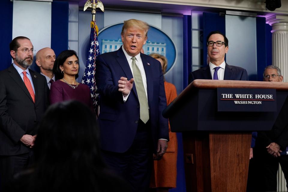 President Donald Trump speaks during a press briefing with the coronavirus task force, at the White House, Tuesday, March 17, 2020.
