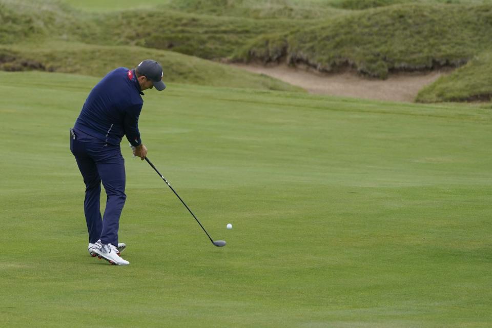 Team USA's Jordan Spieth hits on the fifth hole during a practice day at the Ryder Cup at the Whistling Straits Golf Course Tuesday, Sept. 21, 2021, in Sheboygan, Wis. (AP Photo/Charlie Neibergall)