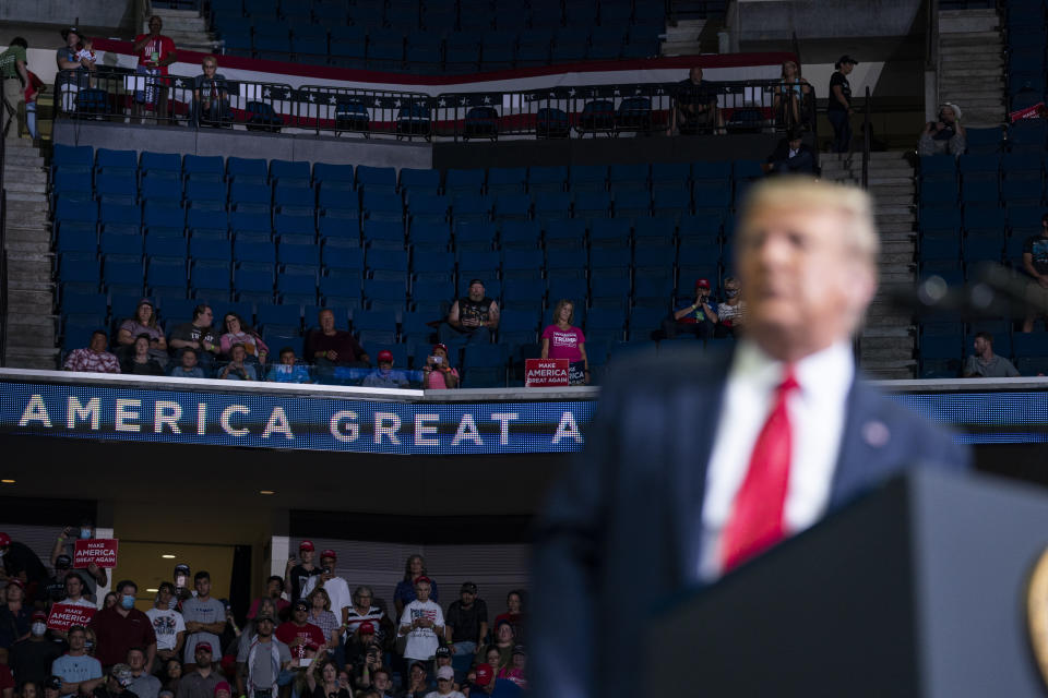 Supporters of President Donald Trump listen as he speaks to a campaign rally at the BOK Center, Saturday, June 20, 2020, in Tulsa, Okla. (Evan Vucci/AP Photo)                                                                                                                                                                                                                                                                                                                                                                                                                                                                     