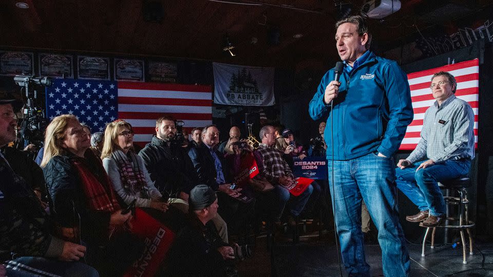Republican presidential candidate and Florida Governor, Ron DeSantis, speaks during a campaign event in Hampton, New Hampshire, on January 17, 2024. - Joseph Prezioso/AFP/Getty Images