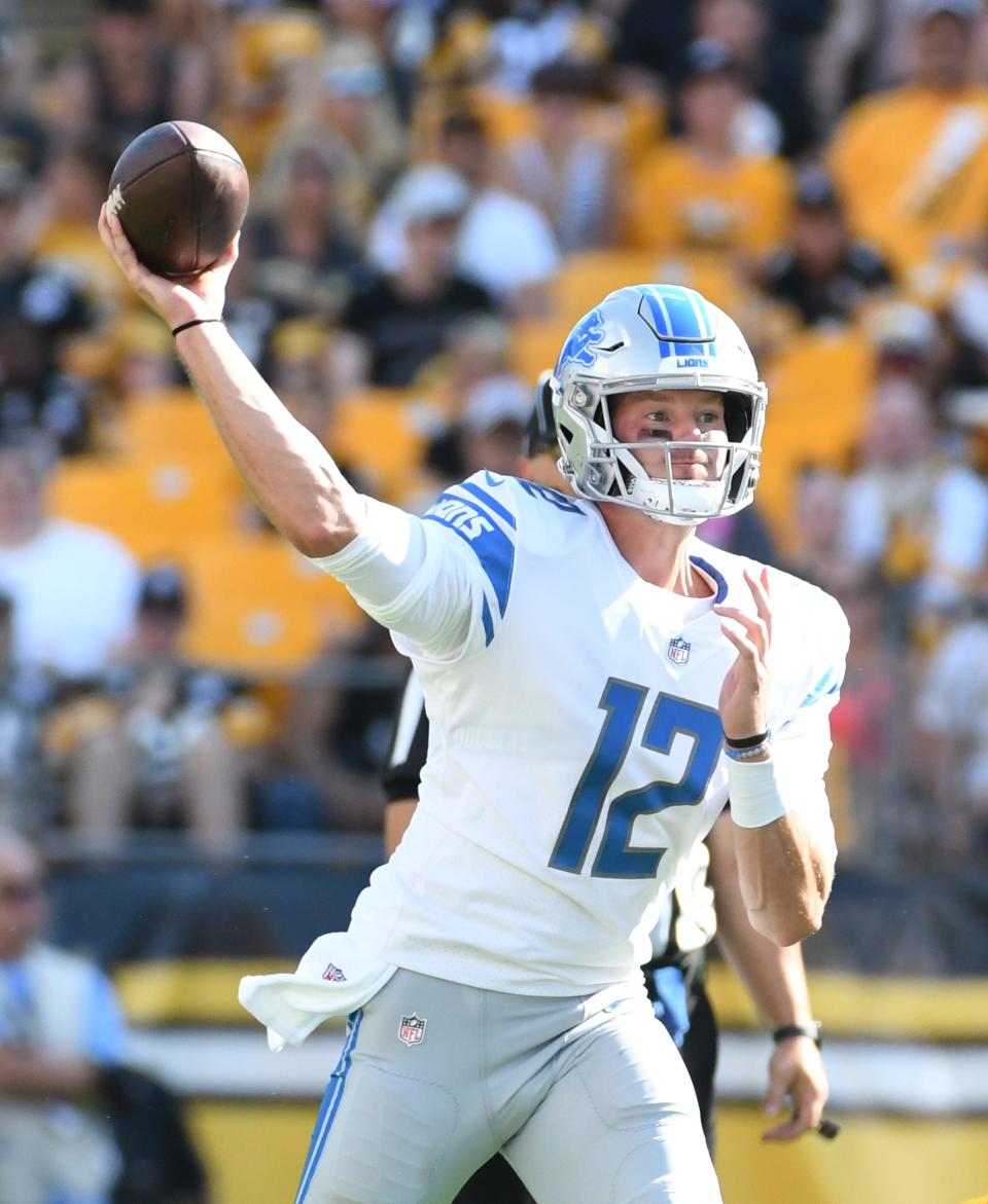 Aug 28, 2022; Pittsburgh, Pennsylvania, USA;  Detroit Lions quarterback Tim Boyle (12) throws a pass during the first quarter against the Pittsburgh Steelers at Acrisure Stadium.