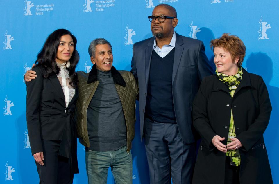 From left, actress Dolores Heredia, director Rachid Bouchareb, actors Forest Whitaker and actress Brenda Blethyn pose for photographers at the photo call for the film 'Two Men in Town' during the 64th Berlinale International Film Festival, on Friday Feb. 7, 2014, in Berlin. (AP Photo/dpa, Tim Brakemeier)