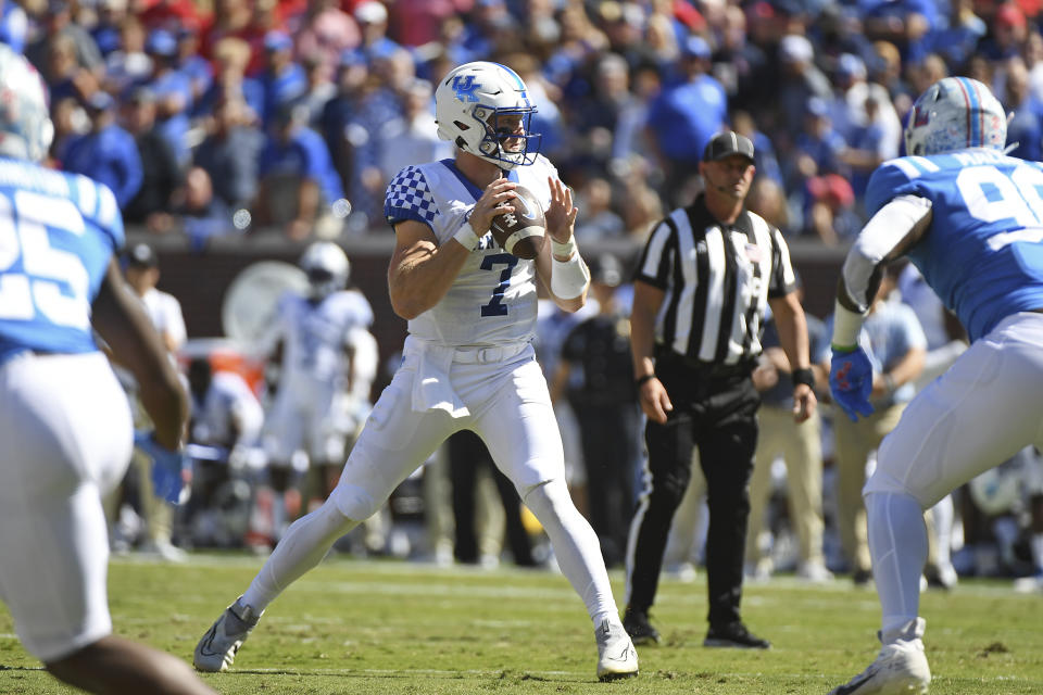 Kentucky quarterback Will Levis (7) looks to pass during the first half of an NCAA college football game against Mississippi in Oxford, Miss., Saturday, Oct. 1, 2022. (AP Photo/Thomas Graning)