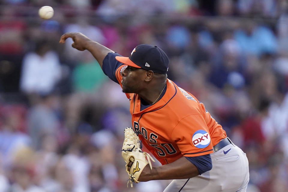 Houston Astros pitcher Hector Neris throws to a Boston Red Sox batter during the eighth inning of a baseball game Wednesday, Aug. 30, 2023, in Boston. (AP Photo/Steven Senne)