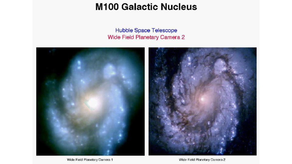 On the left is an image of the M100 galaxy taken by Hubble before its view stabilized;  On the right is the first image taken after Hubble was repaired, showing the difference in sharpness.