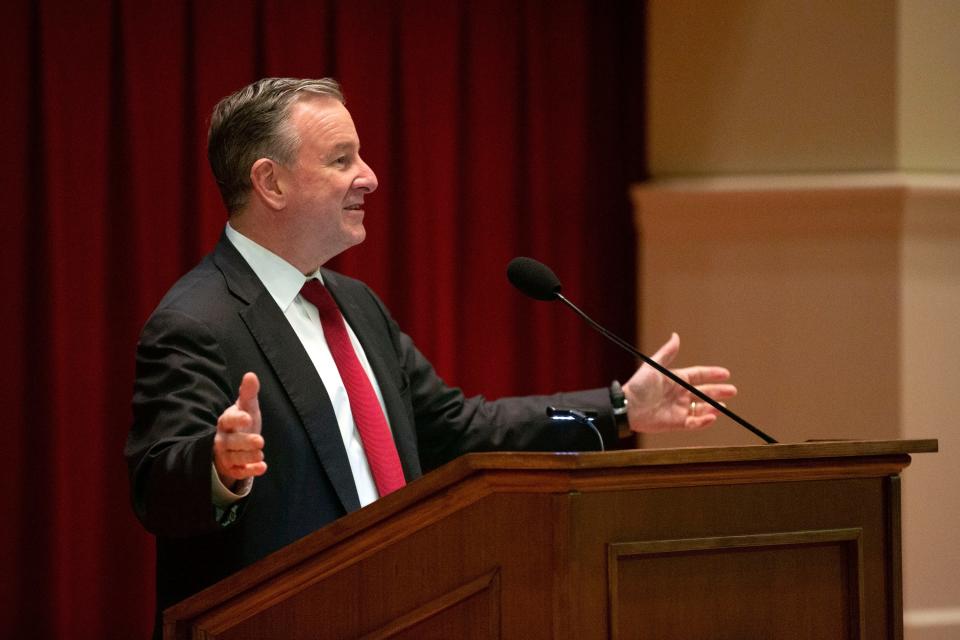 FSU President Richard McCullough delivers the State of the University address on Wednesday, Nov. 30, 2022 in Tallahassee, Fla. 