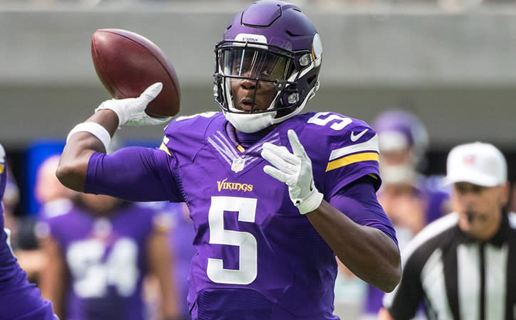 Aug 28, 2016; Minneapolis, MN, USA; Minnesota Vikings quarterback Teddy Bridgewater (5) throws the ball during the first quarter in a preseason game against the San Diego Chargers at U.S. Bank Stadium. Mandatory Credit: Brace Hemmelgarn-USA TODAY Sports