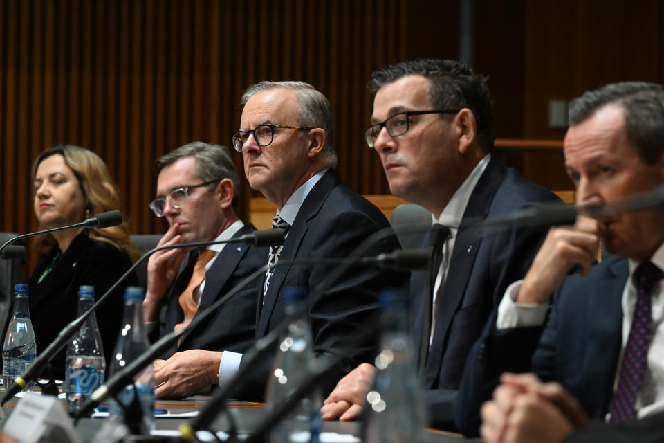 Queensland Premier Annastacia Palaszczuk, NSW Premier Dominic Perrottet, Prime Minister Anthony Albanese, Victorian Premier Daniel Andrews and Western Australia Premier Mark McGowan at a press conference after a National Cabinet meeting at Parliament House. Source: AAP