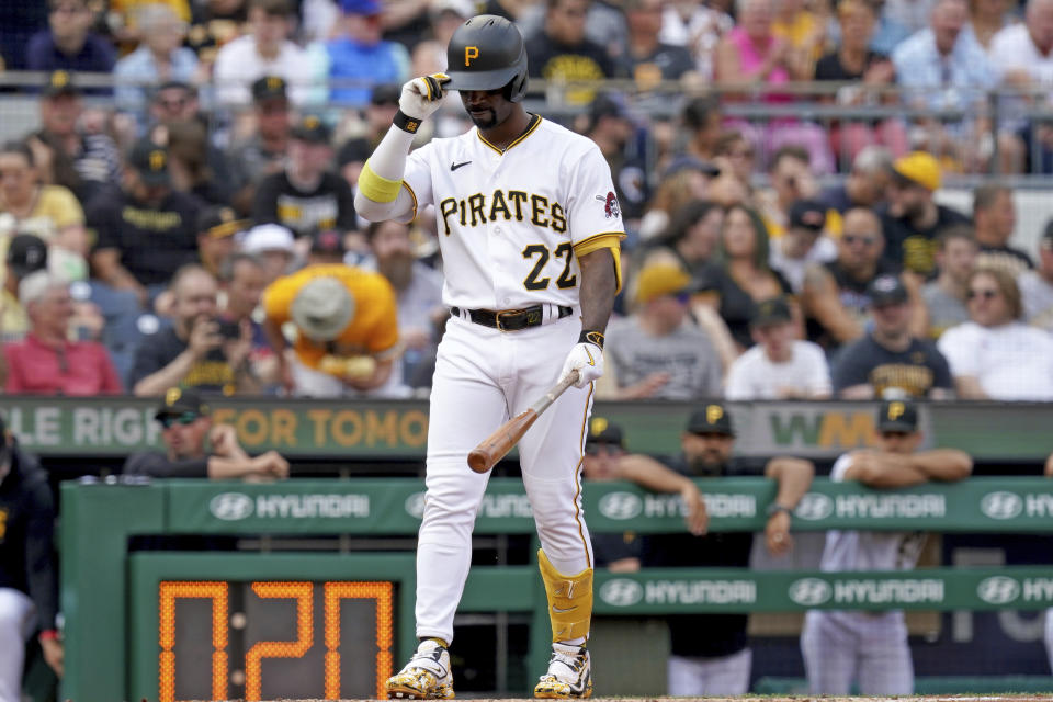 Pittsburgh Pirates' Andrew McCutchen steps up to the plate to bat against the New York Mets in the seventh inning of a baseball game in Pittsburgh, Saturday, June 10, 2023. (AP Photo/Matt Freed)