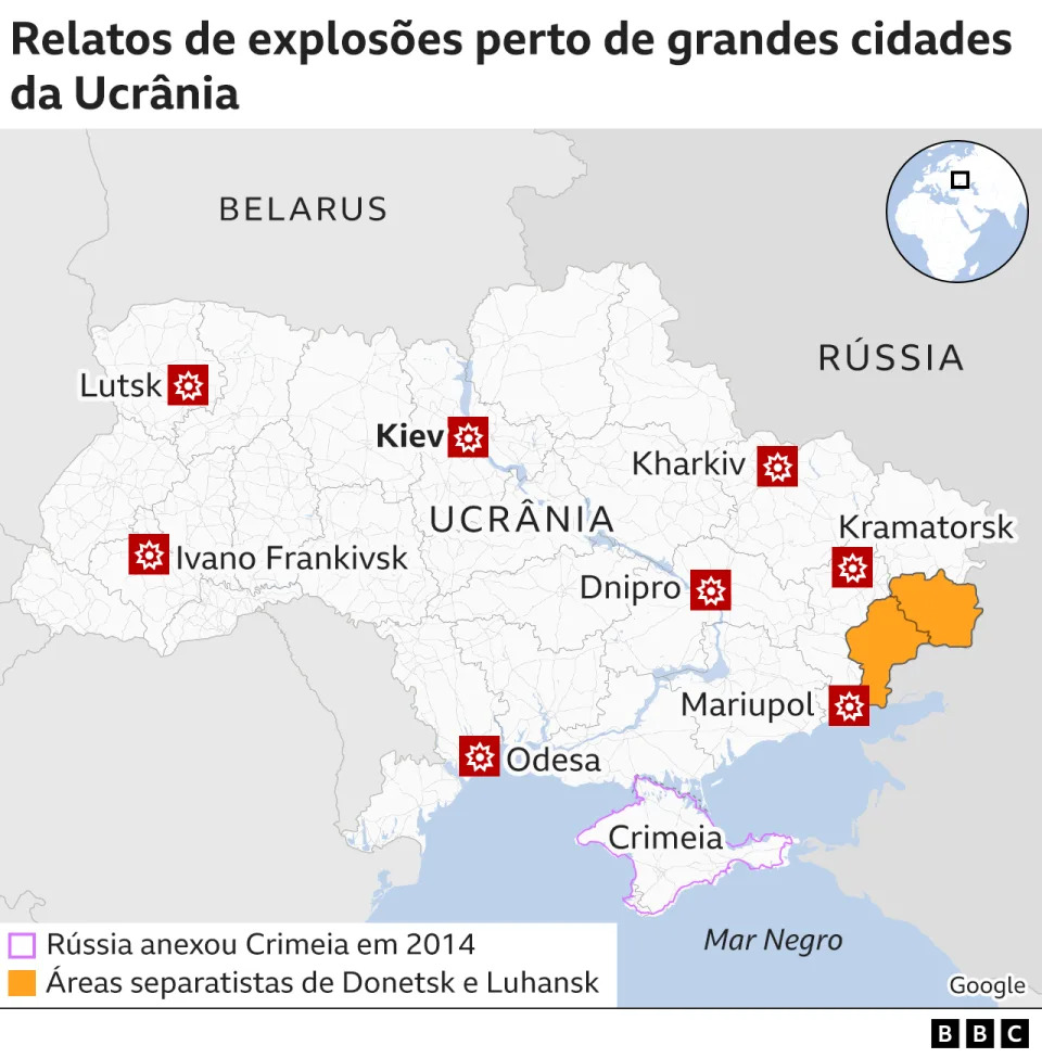 mapa com relatos de explos&#xf5;es em cidades ucranianas