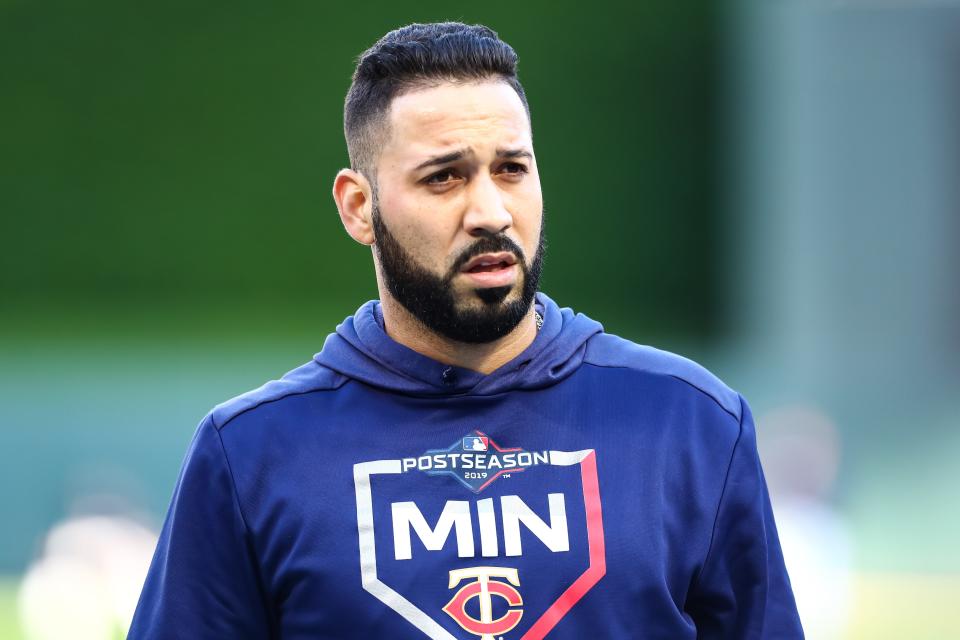 Oct 7, 2019; Minneapolis, MN, USA; Minnesota Twins first baseman Marwin Gonzalez (9) looks on during batting practice before the start of game three of the 2019 ALDS playoff baseball series against the New York Yankees at Target Field. Mandatory Credit: David Berding-USA TODAY Sports