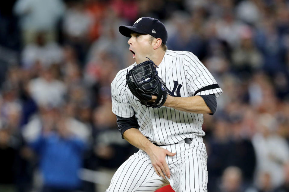 Yankees David Robertson had a priceless reaction to his catcher being hit in the groin. (Getty Images/Elsa)