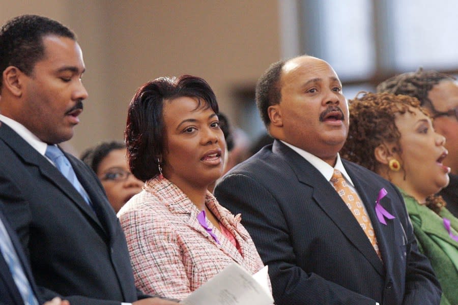 FILE – In this Feb. 6, 2006, file photo, from left, the children of the Rev. Martin Luther King Jr., and Coretta Scott King, Dexter Scott King, the Rev. Bernice King, Martin Luther King III and Yolanda King participate in a musical tribute to their mother at the new Ebenezer Baptist Church in Atlanta. On April 4, 1968, a movement lost its patriarch when the Rev. Martin Luther King Jr. was killed on a hotel balcony in Memphis. Yolanda, Martin, Dexter and Bernice King lost their father. (AP Photo/John Bazemore, File)