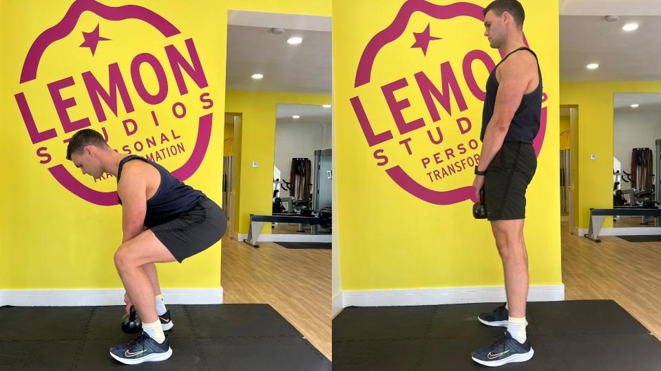 Sam Shaw demonstrates two positions of the kettlebell deadlift