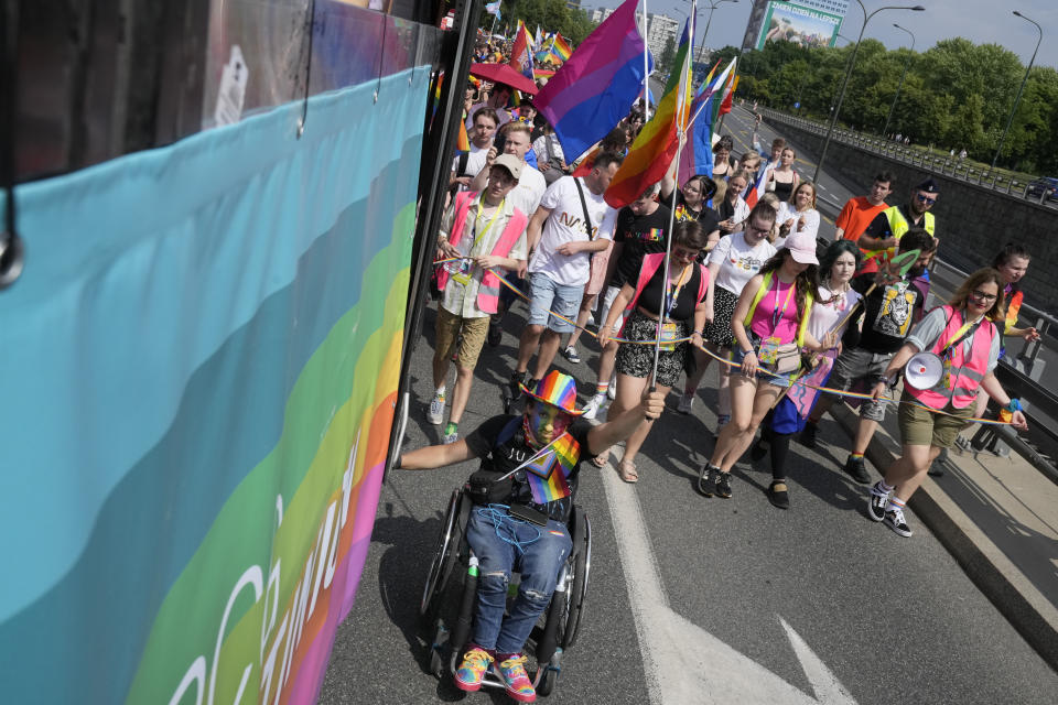 People take part in the Equality Parade, an LGBT pride parade, in Warsaw, Poland, Saturday, June 17, 2023. (AP Photo/Czarek Sokolowski)