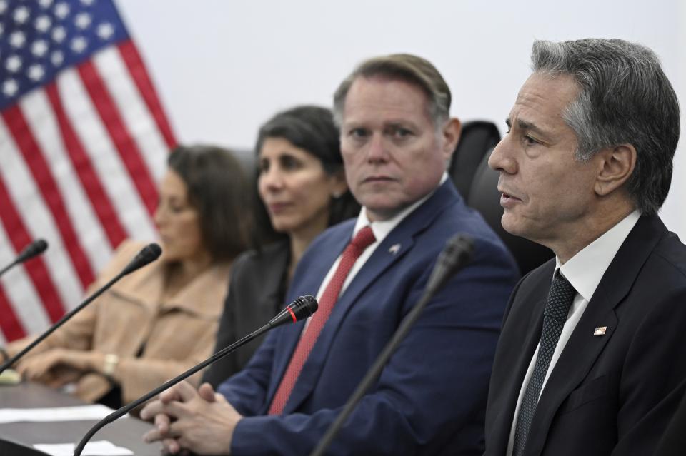 US Secretary of State Antony Blinken speaks during a meeting with Cape Verde Prime Minister Ulisses Correia e Silva, at the Government Palace in Praia, Cape Verde, Monday, Jan. 22, 2024. (Andrew Caballero-Reynolds/Pool Photo via AP)