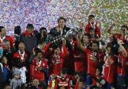 Chile players celebrate with the Copa America trophy after they defeated Argentina in their Copa America 2015 final soccer match at the National Stadium in Santiago, Chile, July 4, 2015. REUTERS/Ueslei Marcelino