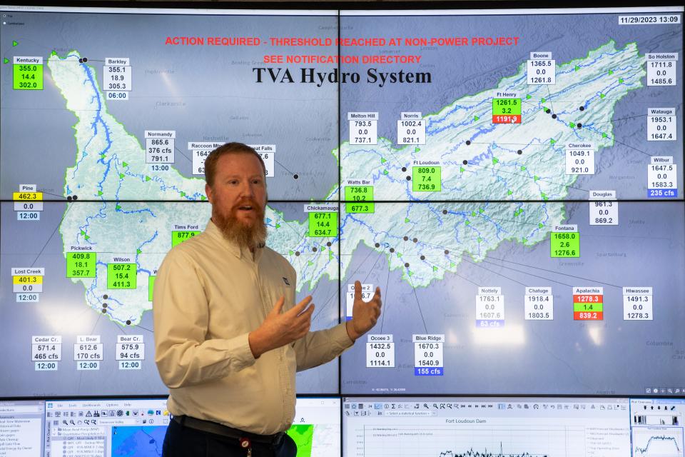 TVA's River Forecast Center manager James Everett gives the media a tour of the center at TVA's downtown Knoxville office. When droughts come, TVA becomes conservative with how much water it lets out of the reservoirs. Right now, the reservoirs in TVA's system are about 10% above their normal operating water level for this time of year, an insurance policy for the water supply in case rainfall doesn't return to its normal levels heading into spring.