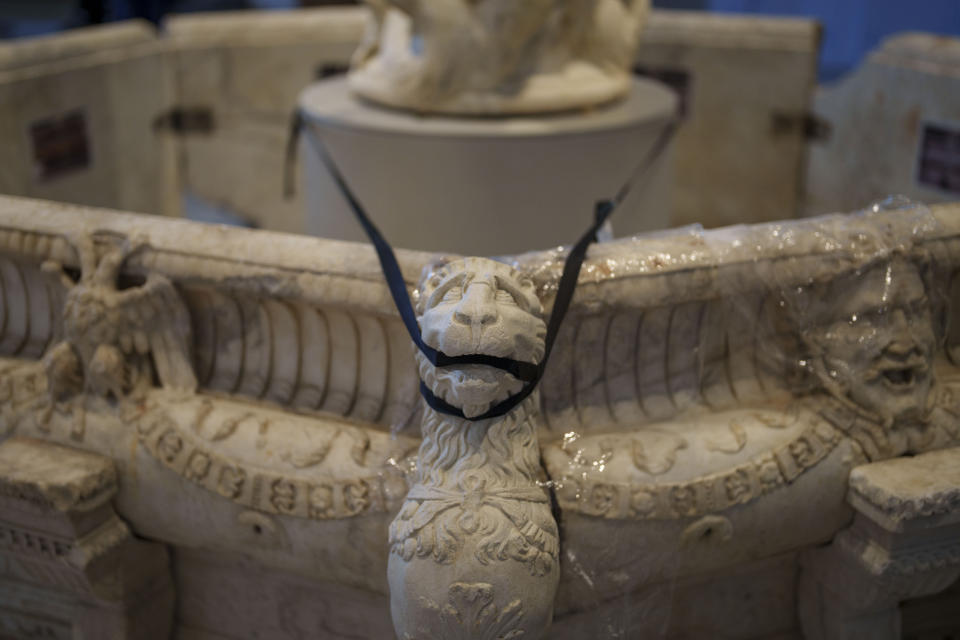 A detail of the "Fuente del Aguila" fountain, displayed at the Royal Collections Gallery in Madrid, Spain, Friday, May. 19, 2023. Spain is set to unveil what is certain be one of Europe's cultural highlights this year with the opening in Madrid of The Royal Collections Gallery next month. (AP Photo/Manu Fernandez)