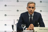 Bank of England Governor, Mark Carney, speaks during a media conference to present the central bank's quarterly Inflation Report, in London, Thursday Aug. 2, 2018. The Bank of England raised its main interest rate for only the second time since the 2008 financial crisis, from 0.50 percent to 0.75 percent, as it weighed conflicting signs about the economy and growing concerns about Brexit.(Daniel Leal-Olivas/Pool via AP)