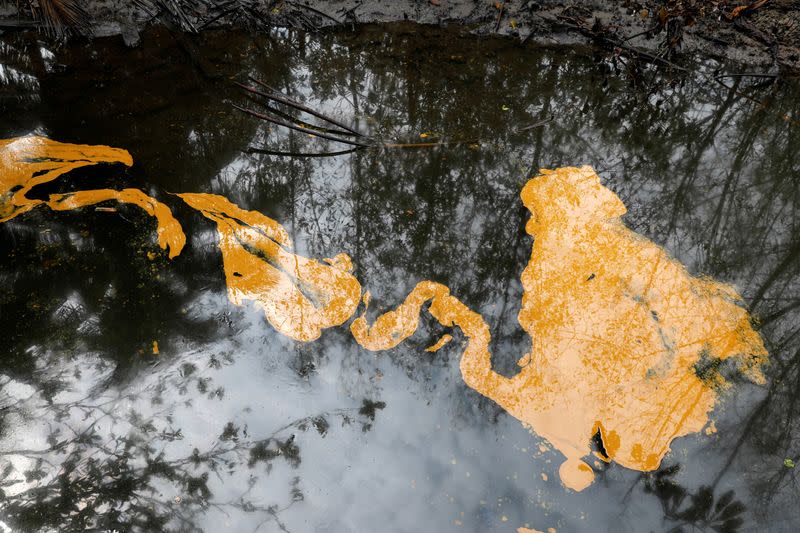 FILE PHOTO: Oil slick is seen on Santa Barbara creek, following an oil spill in Nembe Bayelsa