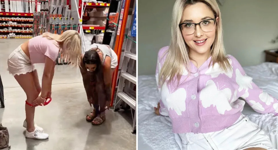 Kelly and a woman pull underwear past their knees in a Bunnings aisle.