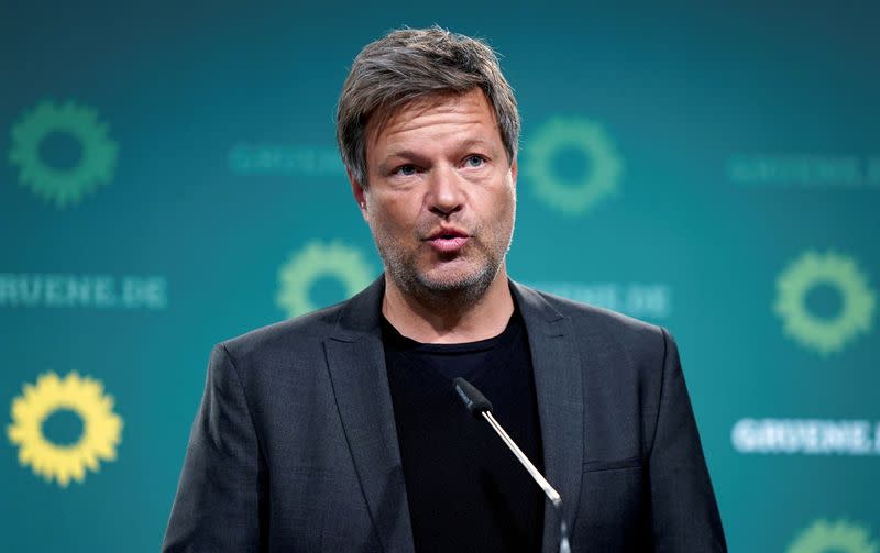 FILE PHOTO: Robert Habeck, co-chairman of the German Greens Party, addresses the media during a news conference in Berlin