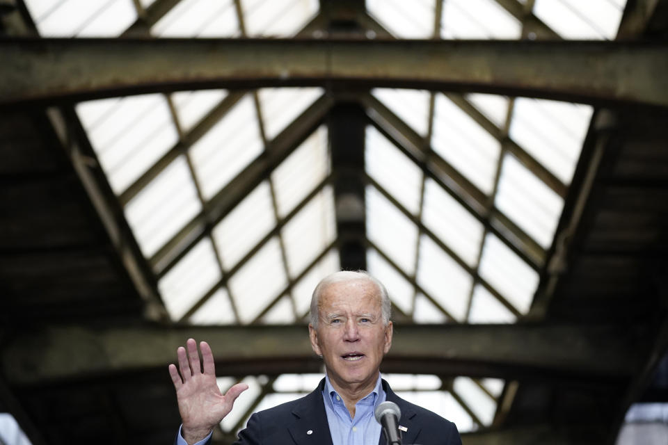 Democratic presidential candidate former Vice President Joe Biden speaks at Amtrak's Pittsburgh Train Station, Wednesday, Sept. 30, 2020, in Pittsburgh. Biden is on a train tour through Ohio and Pennsylvania today. (AP Photo/Andrew Harnik)