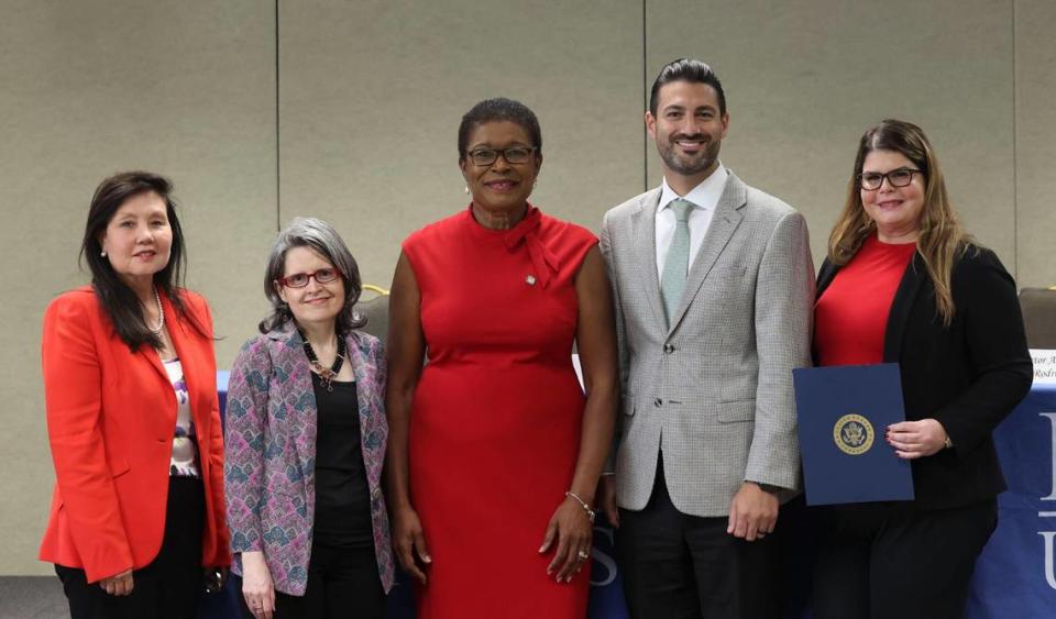 From left: Belinda Keiser, Dr. Inela Brito, Rep. Marie Woodson, Gino Santorio, and Annette Hernandez all spoke on the panel that looked at how to retain nurses amid the current shortage on Wednesday, July 13, 2022, in the Hyatt Regency. The panel was part of the National Association of Hispanic Nurses Conference in Miami.