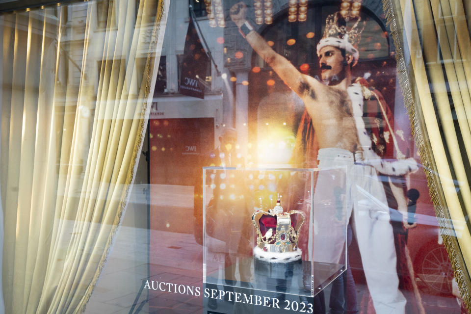 Coinciding with the coronation of King Charles III, the crown worn by pop star Freddie Mercury of the band Queen is displayed in the window of Bond Street auction house Christie's. / Credit: Richard Baker /In Pictures via Getty Images