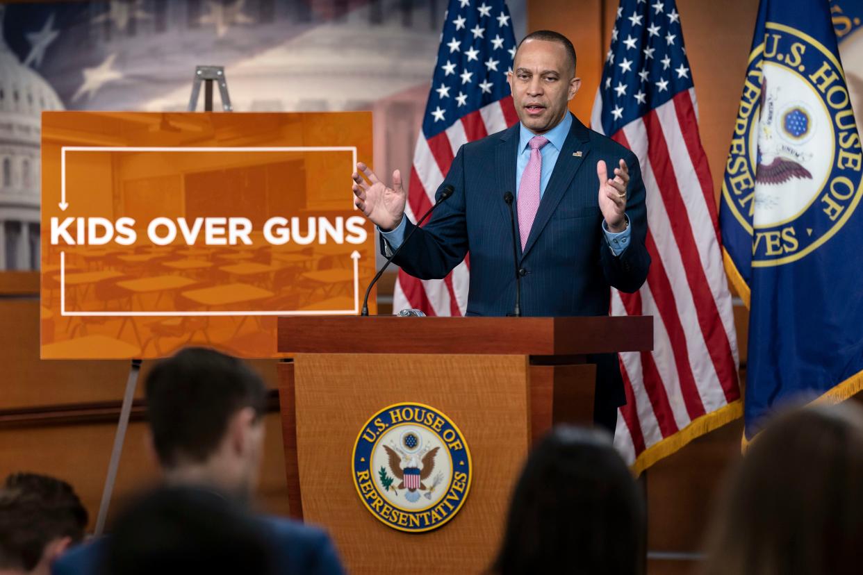 House Minority Leader Hakeem Jeffries, D-N.Y., the top Democrat in the House, criticizes Republican policies on guns in the wake of the deadly school shooting in Nashville, during a news conference at the Capitol in Washington, Thursday, March 30, 2023. (AP)