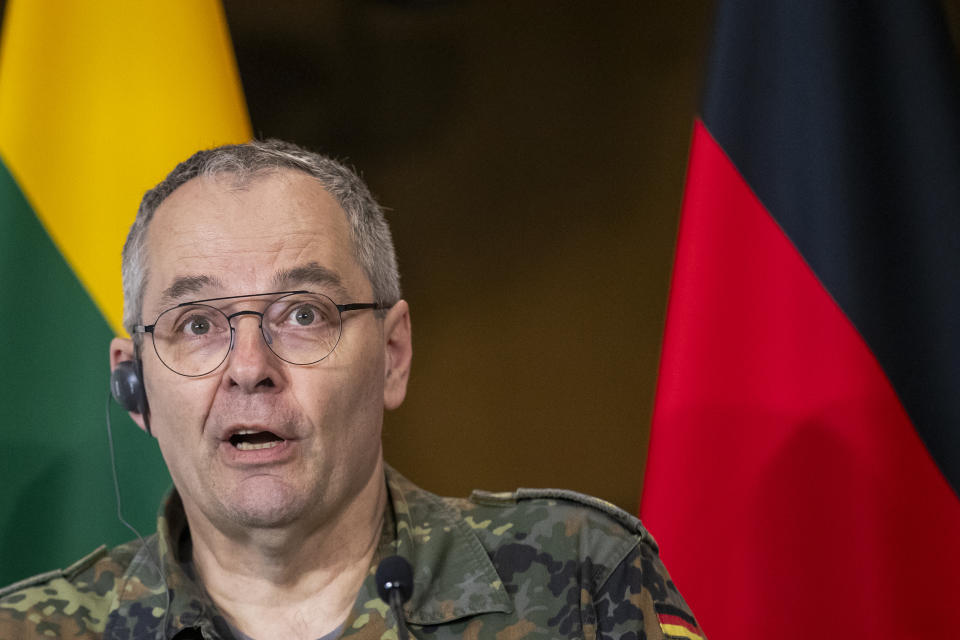 German Army Chief Lt. Gen. Alfons Mais speaks during a media joint conference with Lithuanian Chief of Defence Gen. Valdemaras Rupsys and Lithuanian Defense Minister Laurynas Kasciunas as members of the Headquarters initial command element of the Bundeswehr's 45th Brigade Lithuania arrival by plane at a airport in Vilnius, Lithuania, Monday, April 8, 2024. Germany has made a commitment to deploy a heavy brigade with three maneuver battalions and all necessary enablers, including combat support and provision units, to Lithuania. In total, approx. 5 thousand German military and civilian personnel are expected to move to Lithuania with families in stationing the Brigade. (AP Photo/Mindaugas Kulbis)