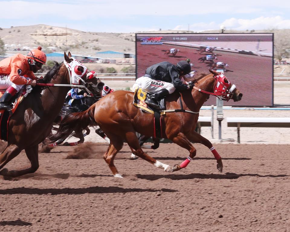 HS Golden Eagle, ridden by Carlos Guillen Chacon, crosses the wire first in the $100,000 Jimmy Drake Stakes, Sunday, May 15, 2022 at SunRay Park and Casino.