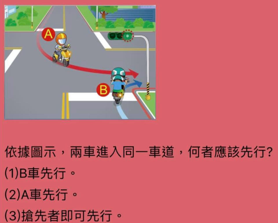 機車考照情境題中有1題被稱為魔王題，即「對向2機車欲轉彎進入同車道，何者應先行」？不少考生都答錯這題慘被擊落。（圖片翻攝我愛鹿港小鎮FB）