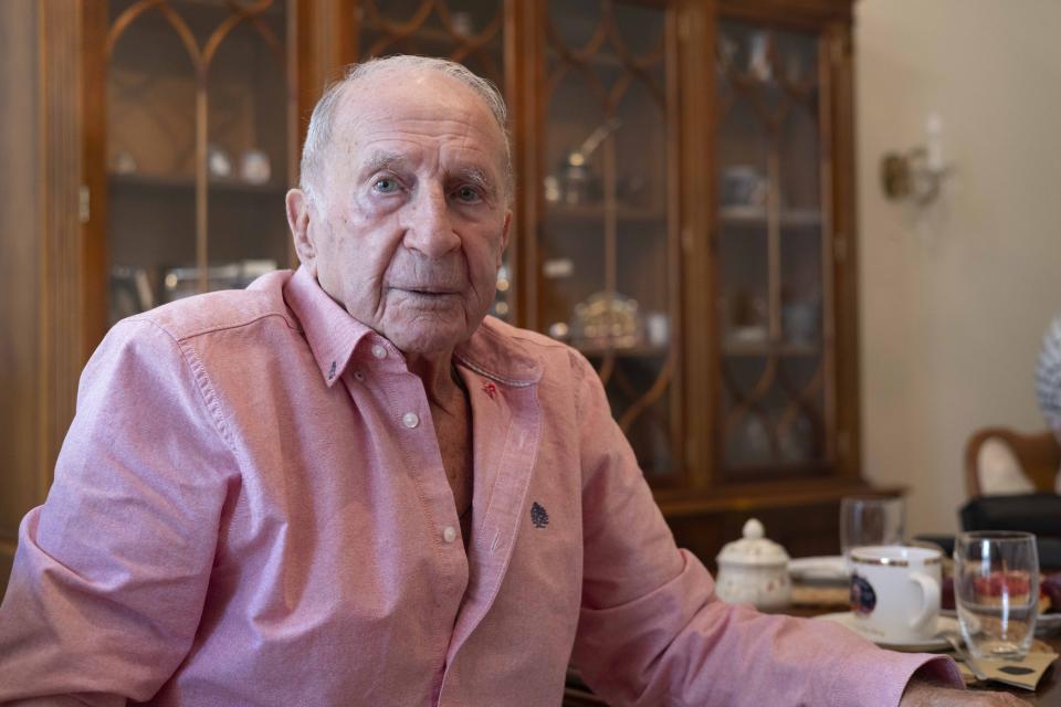 Makkabi Berlin co-founder Marian Wajselfisz, a Holocaust survivor, poses for a photo during an interview with The Associated Press in Berlin, Germany, Friday, May 17, 2024. Makkabi last year became the first Jewish club to play in the German Cup and it's bidding to reach the competition again on Saturday, May 25, when it plays Victoria Berlin in the Berlin Cup final. (AP Photo/Ciaran Fahey)