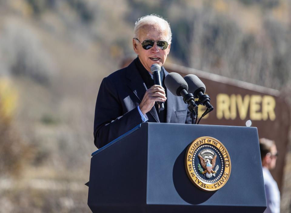 President Joe Biden speaks before designating the first national monument of his administration at Camp Hale, a World War II era training site, Wednesday, 12 October2022, near Leadville, Colo (AP)