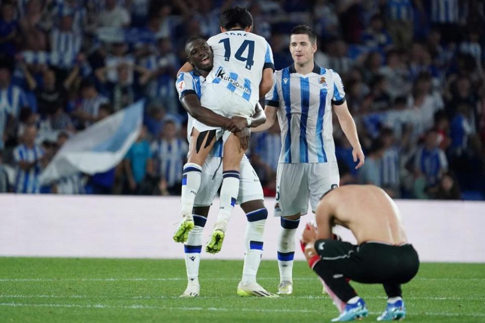 Kubo is lifted by Hamari Traoré after the win over Athletic