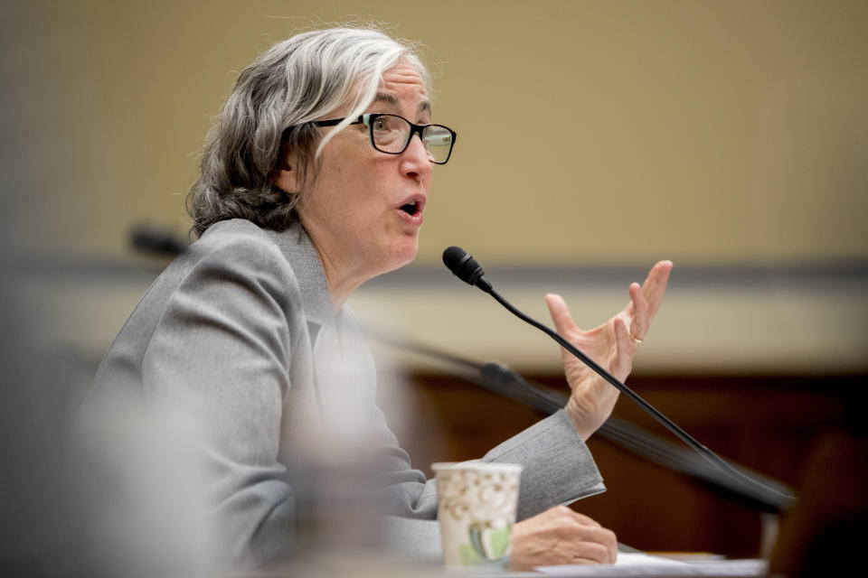 CDC Principal Deputy Secretary Dr. Anne Schuchat speaks before a House Oversight subcommittee hearing on lung disease and e-cigarettes on Capitol Hill in Washington, Tuesday, Sept. 24, 2019. (AP Photo/Andrew Harnik)