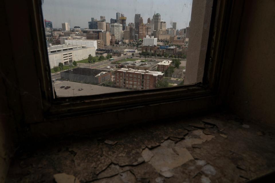 A section of the Detroit skyline is seen from a window in the Masonic Temple Detroit on Tuesday, July 11, 2023.