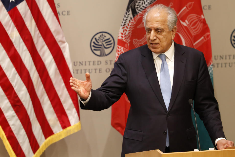 FILE - In this Feb. 8, 2019 file photo, Special Representative for Afghanistan Reconciliation Zalmay Khalilzad speaks on the prospects for peace at the U.S. Institute of Peace, in Washington. Afghanistan’s Taliban leaders agreed they wanted a deal with the United States, but some among them were in more of a hurry than others. Even before U.S. President Donald Trump cancelled a mysterious Camp David summit on Saturday, Sept. 7, 2019, the Taliban negotiators were at odds with the council of leaders, or shura, that rules the Islamic movement. (AP Photo/Jacquelyn Martin, File)